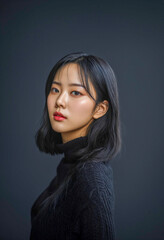 Fototapeta premium photography of beautiful female model with long black hair, wearing a black sweater. Generative AI