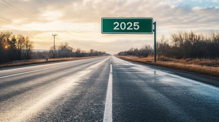 Naklejka premium Green road sign on the side of empty street written 2025. Metal plate sign 2025 next to highway. represent the future and positivity and success of the new year