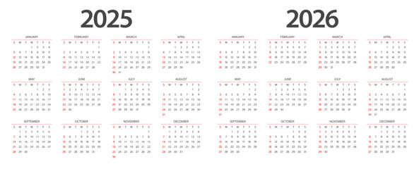 Calendar 2025, calendar 2026 week start Sunday corporate design planner template.