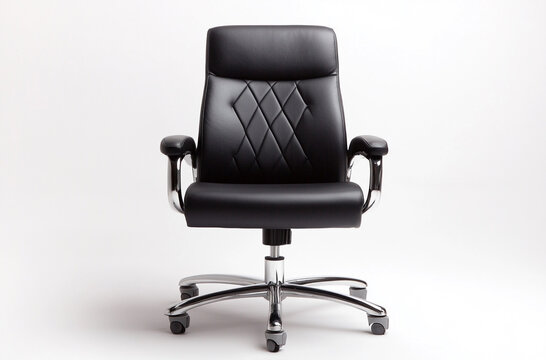 front view of the office chair has leather seat and backrest with chrome accents on the arm rest
