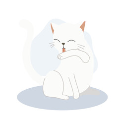 Cute kitten licking its arm for self-grooming,  cleanliness.  Adorable pet hygiene.