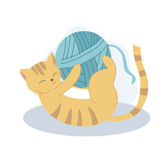 Playful Kitten with Yarn Ball. Kawaii Cat Playing with Yarn in Fun Cartoon Style