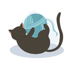 Playful Kitten with Yarn Ball. Kawaii Cat Playing with Yarn in Fun Cartoon Style
