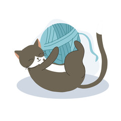 Playful Kitten with Yarn Ball. Kawaii Cat Playing with Yarn in Fun Cartoon Style