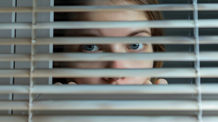 young woman peeking through blinds