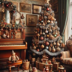 Obraz premium A vintage themed Christmas tree with tinsel, wooden toys, and retro ornaments in an old-fashioned room.