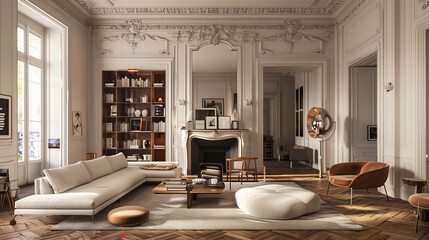 Sophisticated spaces with classic Parisian details like herringbone wood floors, ornate moldings, marble fireplaces, and a mix of vintage and modern furniture. Parisian Chic living room interior 