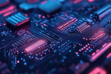 Fototapeta premium A close-up of a vibrant circuit board, showcasing intricate designs and glowing lights in a captivating technological setting.