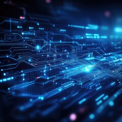 Obraz premium Futuristic blue circuit board design, showcasing digital technology and innovation. Perfect for tech-related content or presentations.