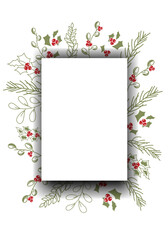 Vector illustration. Merry Christmas and Happy New Year floral background, copy space for your text. Rustic template for Christmas cards, wedding invitations, party invitation. Hand drawn sketch.