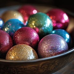 Fototapeta premium A vibrant collection of glittering holiday ornaments resting in an ornate bowl, perfect for festive decor inspiration.