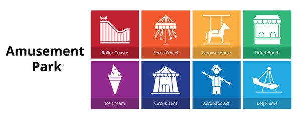 Amusement Park Glyph Solid Banner Web Icon Set Vector Illustration, Roller Coaster Ferris Wheel Carousel Horse Ticket Booth Ice Cream Circus Tent Acrobatic Act Log Flume