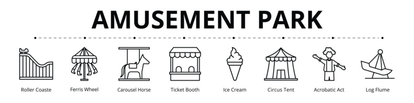 Amusement Park Line Banner Web Icon Set Vector Illustration, Roller Coaster Ferris Wheel Carousel Horse Ticket Booth Ice Cream Circus Tent Acrobatic Act Log Flume