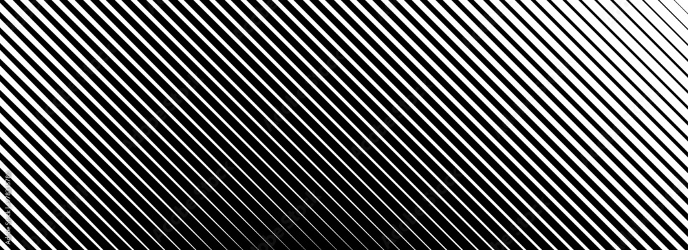 Poster Diagonal thin line halftone gradation texture. Fade oblique stripe gradient background. Black slanted pattern backdrop. Vanishing parallel stripe wallpaper for overlay, print, cover. Vector