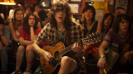 Young musician performing on stage with guitar, captivating audience in intimate venue. Indie artist's connection with fans, capturing the essence of indie success.