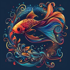 A stylized fish with flowing fins, surrounded by swirling mandala shapes