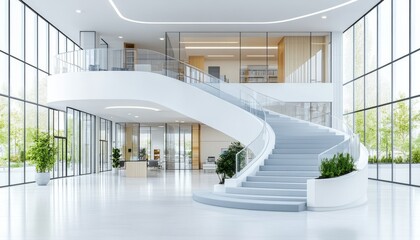 Fototapeta premium Modern Office Lobby with Curved Staircase and Glass Walls