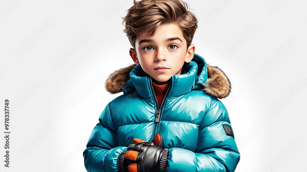 Wall mural boy wearing puffer jacket and gloves on plain white background