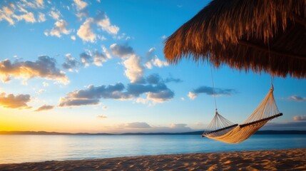 Obraz premium A traditional thatched cabana on a beach, with a hammock swaying in the breeze.