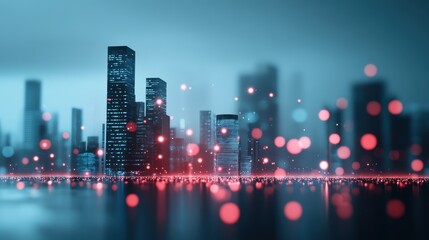 A futuristic cityscape with holographic displays showcasing AI applications.
