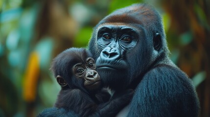 Obraz premium Close-up of a gorilla mother holding her baby in the jungle, featuring professional color grading, soft shadows, low contrast, and clean, sharp focus digital photography.