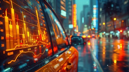 Fototapeta premium Futuristic Data Reflection: Holographic Projections on a Car in a Cityscape