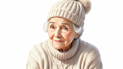 Grandmother wearing knitted sweater and hat on plain white background