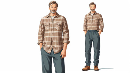 Man wearing flannel shirt and thermal pants on plain white background
