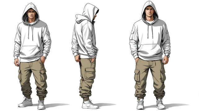 Man wearing hoodie and cargo pants on plain white background