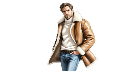 Man wearing shearling coat and jeans on plain white background