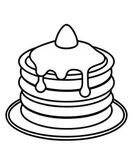 Line art of stacked pancakes with dripping syrup and a small pat of butter on top. Vector illustration 
