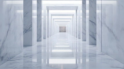 Fototapeta premium A long, white marble corridor with a series of rectangular openings on either side, creating a sense of depth and perspective.