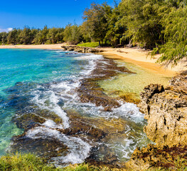 Waves Crashing Over Exposed Coral Reef on Kawailoa Bay Beach, Mahaulepu Heritage Trail, Poipu, Kauai, Hawaii, USA © Billy McDonald