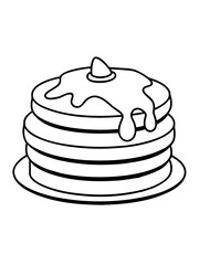 Line art of stacked pancakes with dripping syrup and a small pat of butter on top. Vector illustration 
