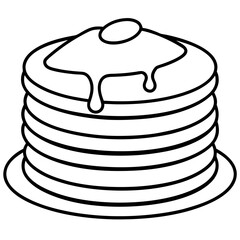 Line art of stacked pancakes with dripping syrup and a small pat of butter on top. Vector illustration 
