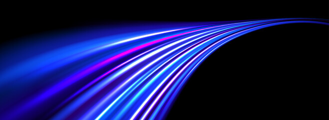Glowing neon light trail background. Bright blue purple speed lines. Magic luminous curved road concept. Abstract bent dynamic motion stripes. Shiny streaks for poster, banner, flyer. Vector
