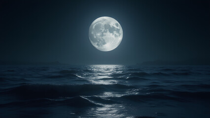 gleaming full moon with every crater and texture meticulously rendered hangs low in a serene night sky its silvery light dancing across undulating waves that stretch towards the horizon