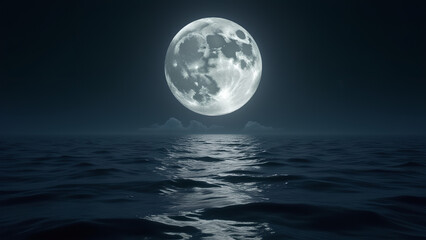 gleaming full moon with every crater and texture meticulously rendered hangs low in a serene night sky its silvery light dancing across undulating waves that stretch towards the horizon