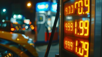 Close-up digital gas pump screen showing rising fuel prices at busy gas station, clear increase in numbers reflecting rising gas prices concept.