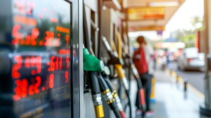 Obraz premium Close-up digital gas pump screen showing rising fuel prices at busy gas station, clear increase in numbers reflecting rising gas prices concept.