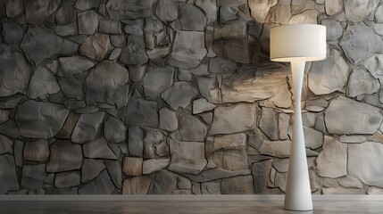 Blank white lampshade template.Floor lamp mockup.Minimalistic image of wooden floor lamp with white lampshade on stone wall background to create a cozy and attractive atmosphere in your home.