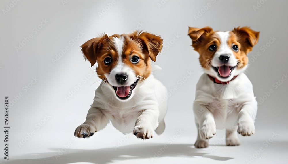 Wall mural Joyful Jack Russell leaps with excitement against a clean white backdrop, showcasing innovative AI enhancements in pet photography