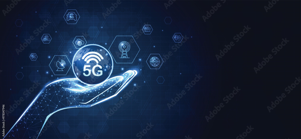 Poster 5g network wireless systems and internet technology concept. smart city communication network. 5g wi