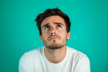 Obraz premium Thoughtful young man looking up against a bright turquoise background
