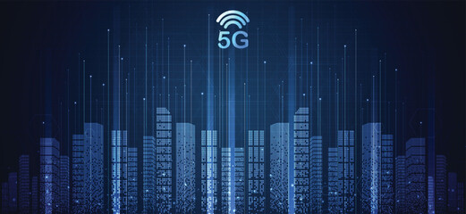 5G network wireless systems and internet technology concept. smart city communication network. 5G wireless mobile internet wifi connection data concept. vector. © TripleP Studio