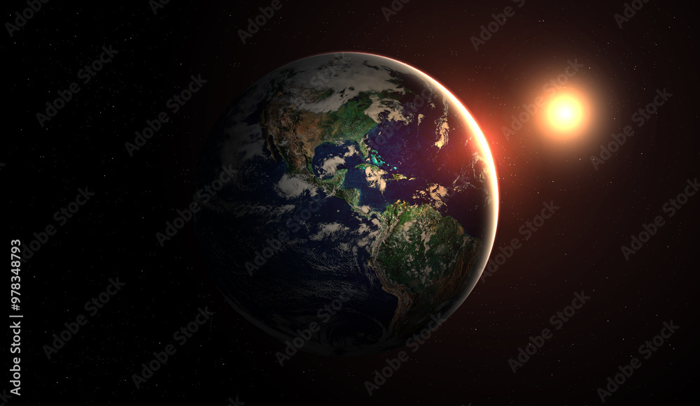 Wall mural surface of earth planet in deep space. star and galaxy planet in outer space. view from orbit. eleme