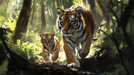 Obraz premium A tiger cub following closely behind its mother through the forest, learning the ways of the wild.