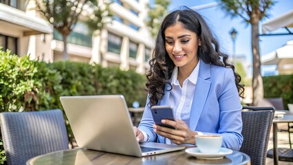 Businesswoman Working on Laptop and Phone in Cafe.