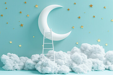 Blue background with a climbing ladder and crescent moon props with fluffy white clouds underneath.