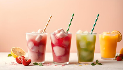A panoramic still life of vibrant ice cream slush and frozen fruit granitas flowing into plastic cups with ice cream straws, offering a creative, refreshing visual delight